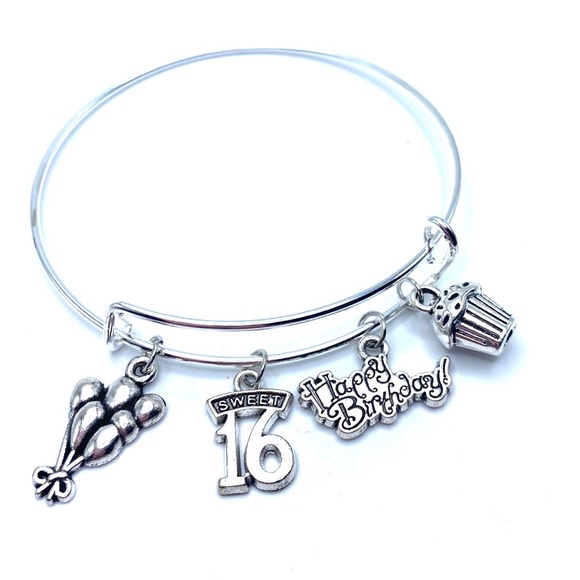 Sweet 16 Birthday Bracelet Silver Tone Bangle Balloon Cupcake Charms - Picture 2 of 3